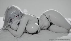 1girl ai_generated bangs bikini blush breasts greyscale heart heart-shaped_pupils large_breasts long_hair looking_at_viewer lying mole mole_on_breast monochrome navel nyx_x on_side sensitive shiny shiny_skin smile solo spot_color swimsuit symbol-shaped_pupils thighs