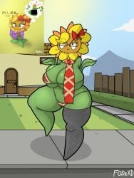 ass big_ass big_breasts bow breasts fanart female fishnets glasses green_body humanoid humanoid_female humanoid_only plant_girl plant_humanoid plants_vs_zombies popcap_games scarf source_request sunflower_(pvz)