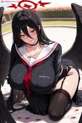 1girl ai_generated angel_wings ass bangs black_choker black_hair black_legwear black_skirt black_wings blue_archive blush breasts choker collarbone feathered_wings hair_between_eyes halo hasumi_(blue_archive) hi_res high_quality high_resolution huge_breasts kiraamane long_hair looking_at_viewer patreon petals pleated_skirt red_eyes school_uniform seductive serafuku sexy skirt smile solo taihou_(azur_lane) thighhighs uncensored watermark window wings