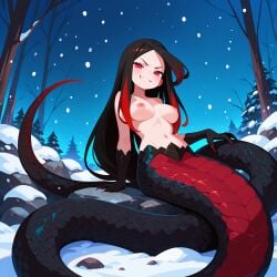 1girl 1girls 2026 ai_generated black_hair black_scales breasts claws clenched_teeth female female_only fir_tree full_body hi_res highres lamia long_hair looking_at_viewer lucy_(pokemon) medium_breasts monster_girl naga navel night nintendo nipples nude outdoors pokemon pokemon_rse red_eyes red_hair red_scales reptile rock scales scalie serpentine sitting sky slit_pupils smile smirk snake_girl snow snowing solo tree two-tone_hair winter