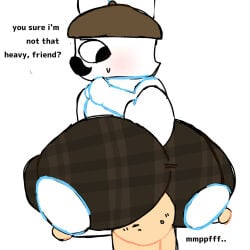 2boys animal_hospital anthro ass ass_focus back_view barney_(animal_hospital) beret big_ass big_ass_(male) big_butt big_dom_small_sub dialogue english_text furry gag gagged gay intern_(animal_hospital) lagomorph leporid male male_only mouth_gag mustache older_dom_younger_sub older_male older_male_and_younger_male roblox roblox_game tail yaoi
