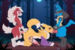 3_fingers 3_toes 4_fingers absurd_res ai_generated all_fours anal anal_penetration animal_genitalia anthro anthro_on_anthro anthro_penetrated anthro_penetrating anthro_penetrating_anthro balls bandai_namco big_balls big_penis biped black_body black_claws black_fur black_sclera blue_body blue_eyes blue_fur blush blush_lines bodily_fluids claws crossover cum cum_in_mouth cum_inside cum_on_body cum_on_face cum_on_ground cum_on_penis digimon digimon_(species) fangs feet fellatio fingers forest fur generation_4_pokemon generation_7_pokemon genital_fluids genitals grin group half-closed_eyes hand_on_butt hi_res huge_balls huge_penis long_ears looking_at_another looking_at_partner lucario lycanroc male male/male male_penetrated male_penetrating male_penetrating_male markings midnight_lycanroc moon narrowed_eyes neck_tuft night nintendo open_mouth oral outside_sex paws penetration penile penile_penetration penis penis_in_ass penis_in_mouth pink_eyes pink_pupils pink_sclera plant pokemon pokemon_(species) pupils purple_markings purple_sleeves red_body red_eyes red_fur renamon sex sharp_teeth sheath sleeves smile smiling_at_another smiling_at_partner snout spikes spikes_(anatomy) standing star teeth toe_claws toes tongue tongue_out tongue_out_fellatio tree trio tuft vein veiny_penis white_body white_fur yellow_body yellow_fur yiff_ai_(director) yin_yang