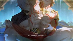 2boys a_dumbling abs arm_up armlet armor armpits belt black_belt black_choker black_gloves black_shirt blonde_hair blue_gem blush body_markings bracelet braid cape censored character_name choker closed_eyes clothes_lift covered_mouth day earrings english_text eyes_out_of_frame facial_mark feet_out_of_frame fingerless_gloves fingernails gay gay_male gem gloves gold_armlet gold_bracelet gold_earrings gold_necklace gradient_hair grey_hair handjob head_out_of_frame highres honkai:_star_rail honkai_(series) in-universe_location jewelry male_focus medium_hair mosaic_censoring multicolored_hair multiple_boys muscular muscular_male mydei_(honkai:_star_rail) necklace nipples open_mouth orange_hair pectorals penis phainon_(honkai:_star_rail) red_cape shadow shirt shirt_lift short_hair short_sleeves shoulder_armor side_braid single_braid single_earring single_glove sitting spread_legs subtitled teeth tongue waist_cape water waterfall yaoi