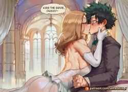 1boy 1girl ai_generated amadeus_v arched_window blonde_hair blush boku_no_hero_academia bowtie camie_utsushimi chapel curvy elbow_gloves facing_another freckles from_side green_eyes green_hair hand_on_another's_cheek kiss large_breasts long_hair marble_floor messy_hair midoriya_izuku muscular my_hero_academia open_mouth scar stone_pillar straight strapless thick_thighs tuxedo wavy_hair wedding wedding_dress