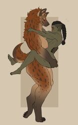 2021 absurd_res after_kiss anthro black_hair blep blush bodily_fluids braided_hair breasts brown_body brown_fur carrying_partner digitigrade duo female female/female fur genital_fluids gnoll green_body green_skin hair hand_on_back hand_on_butt hand_on_shouler hi_res holding_partner human_on_anthro humanoid humanoid_on_anthro hyaenid larger_anthro larger_female mammal muscular muscular_anthro muscular_female muscular_humanoid neck_tuft nipples orc orc_female pawpads paws pussy_juice saliva saliva_string scar securipun simple_background size_difference smaller_female smaller_humanoid tongue tongue_out tuft yuri