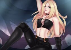 1girls belt blonde_hair boots capcom choker crop_top devil_may_cry devil_may_cry_5 exposed_shoulders long_hair midriff simple_background solo solo_female trish_(devil_may_cry) tulipsie