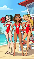 3girls accurate_art_style ai_generated baywatch_(cosplay) baywatch_(franchise) beach bridgette_(tdi) courtney_(tdi) gwen_(tdi) lifeguard lifeguard_swimsuit looking_at_viewer one-piece_swimsuit smile swimsuit total_drama_(series) total_drama_island