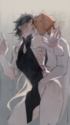 2boys against_wall black_dress brown_hair chinese_clothes cleavage_cutout clothing_cutout crossdressing dress feet_out_of_frame french_kiss genshin_impact groping hand_under_clothes highres implied_cuntboy implied_fingering kiss male_focus multiple_boys nude orange_hair qipao sideless_dress sleeveless sleeveless_dress standing tartaglia_(genshin_impact) yaoi zhongli_(genshin_impact) zyzzzyy