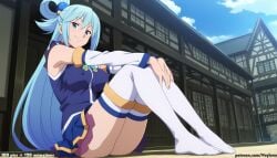 1girl 1girls absurd_res ai_assisted ai_generated anime aqua_(konosuba) ass bare_shoulders blue_dress blue_eyes blue_hair blue_skirt boobs breasts bubble_butt building butt curvaceous curvy curvy_figure day detached_sleeves green_bow hair_ornament hair_rings high_resolution highres hourglass_figure huge_ass huge_butt kono_subarashii_sekai_ni_shukufuku_wo! konosuba large_breasts legs_together light-skinned_female long_hair looking_at_viewer outdoors patreon patreon_logo patreon_username sitting smile solo thick_thighs thighhighs thighs veyluna voluptuous white_thighhighs wide_hips