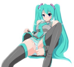 1girl bare_shoulders blue_eyes blue_hair blush boots breasts clothes_lift clothing_aside commentary_request detached_sleeves hair_between_eyes hatsune_miku lifting_own_clothes long_hair looking_at_viewer medium_breasts necktie negative_(artist) panties panties_aside pussy shirt simple_background skirt sleeveless solo striped_clothes striped_panties thigh_boots thighhighs twintails underwear very_long_hair vocaloid white_background