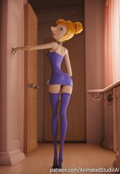 1girl adult ai_generated areolae ass breasts cleavage collar despicable_me female green_eyes hair_bun handcuffs hips large_breasts leaning_forward_slightly lucy_wilde nipples open_mouth orange_hair parted_lips purple_dress purple_thighhighs shiny_skin solo thighhighs thighs tight_dress