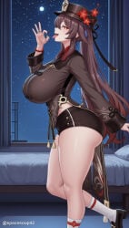 1girl ai_generated alternate_breast_size ass bed black_footwear black_headwear black_shorts blush bracelet breasts brown_hair chinese_clothes coat coattails fellatio_gesture flower foot_out_of_frame from_side full_moon genshin_impact hair_between_eyes hand_up hat hat_flower hu_tao_(genshin_impact) huge_breasts jewelry long_hair long_sleeves looking_at_viewer moon multicolored_hair naughty_face night night_sky on_bed open_mouth plum_blossoms porkpie_hat profile red_eyes red_flower ring shirt shoes short_shorts shorts sky smile socks solo standing star_(sky) symbol-shaped_pupils thick_thighs thighs tongue tongue_out twintails very_long_hair white_socks window