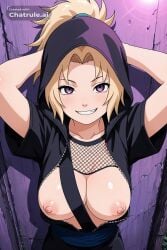 1girl absurd_res ai_assisted ai_generated anime anime_coloring anime_screencap arm_guards black_clothing black_leggings blue_sash devious_grin first_person_perspective fishnet_top hairband hands_above_head hard_nipples hood_up large_breasts looking_at_viewer lustful naruto outdoors perfect_ass posing_for_viewer seductive short_kimono smile solo standing tight_clothing tsunade upper_body white_socks