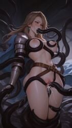 1boy 1girls ai_generated anal anal_sex armor bangs braided_bun breasts brown_eyes brown_hair clothed clothed_female clothed_sex cum_filled_ass female forced_anal granblue_fantasy interracial interracial_anal katalina_aryze knight knight_armor male pale-skinned_female tentacle tentacle_in_ass tentacle_in_mouth tentacle_in_pussy tentacle_rape tentacle_sex
