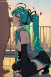 1boy 1girl ahoge ai_generated aqua_hair bare_shoulders black_legwear blush boots breasts breasts_outside detached_sleeves fellatio hatsune_miku heart hetero hi_res high_quality high_resolution kneeling long_hair nipples oral patreon penis seductive sexy skirt solo_focus squatting testicles thigh_boots thighhighs twintails uncensored vocaloid watermark