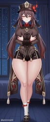 1girl ai_generated alternate_breast_size black_footwear black_headwear black_shorts breast_hold breast_lift breasts brown_hair chinese_clothes closed_mouth coattails curtains curvy flower flower-shaped_pupils full_body genshin_impact grabbing_own_breast hair_between_eyes hat hat_flower hu_tao_(genshin_impact) huge_breasts indoors large_breasts long_hair long_sleeves looking_at_viewer night night_sky plum_blossoms porkpie_hat red_eyes shirt shoes short_shorts shorts smile socks solo standing symbol-shaped_pupils tailcoat thick_thighs thighs twintails very_long_hair white_socks wide_hips window