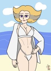 1girls 5_fingers big_ass big_boobs big_breasts bikini blind_peacock_draws blind_peacock_draws_(artist) blonde blonde-haired_female blonde_female blonde_hair clouds cougar cougar_milf entity eyeshadow half_body hand_on_hip huge_breasts lips mama_feeble_(blindpeacockdraws) milf milf_body ocean original original_art original_artwork original_character purple_eyes sand sfw smile smiling summer summer_coat tagme white_bikini white_clothing