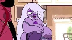 accurate_art_style amethyst_(steven_universe) bursting_breasts cartoon_network fat garnet_(steven_universe) gem_(species) gem_fusion glands_of_montgomery hair_over_one_eye hand_on_knee kabrro large_areolae large_breasts leg_up lingerie lipstick long_hair makeup nude_edit overflowing_breasts purple_nipples purple_skin screenshot_edit shortstack slingshot_swimsuit steven_universe string_bikini tattoo thin_waist visible_nipples wide_hips