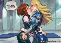 1girl ai_generated amadeus_v blonde_hair blue_bodysuit blue_eyes blue_mats blush bob_cut bodysuit boku_no_hero_academia brown_eyes brown_hair cathleen_bate curvy facing_another french_kiss futa_on_female futanari grabbing_another's_ass grin kiss kissing kneading large_breasts long_hair looking_at_another medium_breasts melting mirror muscular_female my_hero_academia open_mouth pink_gloves profile rosy_cheeks short_hair star_print tongue_out training uraraka_ochako utility_belt white_gloves window