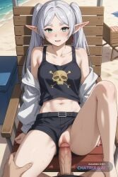 1girl ai_assisted ai_generated baseball_cap beach black_shorts black_tank_top blue_eyes blushing curvy dark depth_of_field elf from_above green_eyes head_tilt horny in_heat large_eyes leaning_back legs_spread_open light_smile mexico midriff moaning night ocean off_shoulder outdoors perfection pointy_ears pov purple_eyeshadow rape raped raping silver_hair skull_print sousou_no_frieren street sunbathing sunset town twintails uncensored white_hair