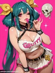 1girl ai_generated arlequin097 bare_shoulders belt blue_hair breasts candy cheerleader cleavage clothes_writing crop_top dizzy_(guilty_gear) eyeshadow fingernails food guilty_gear guilty_gear_strive hair_ribbon hair_rings holding holding_candy holding_food holding_lollipop large_breasts lips lollipop long_hair looking_at_viewer makeup mascot midriff miniskirt navel one_eye_closed open_mouth pink_background pleated_skirt red_eyes ribbon simple_background skirt skull smile solo stomach tank_top thick_thighs thighs tongue tongue_out twintails very_long_hair white_skirt wristband yellow_ribbon