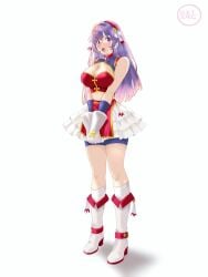 1girls athena_asamiya big_breasts big_tits boob_window hairband huge_breasts king_of_fighters light-skinned_female light_skin long_hair looking_at_viewer open_mouth pale-skinned_female pale_skin purple_eyes purple_hair skirt standing star star_(symbol) thick