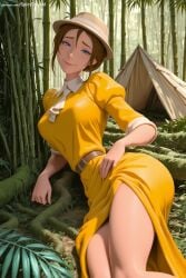 1girl ai_generated belt blue_eyes breasts brown_hair cleavage disney forest grass hat hi_res high_quality high_resolution jane_porter large_breasts lips looking_at_viewer nature patreon plant ponytail seductive sexy short_sleeves smile solo spicytoonai thighs tree uncensored watermark yellow_dress