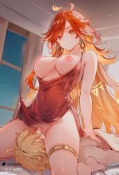 1boy 1girl aether_(genshin_impact) ai_generated blonde_hair breasts clothes_aside cowgirl_position genshin_impact hetero highres huge_breasts indoors large_breasts long_hair looking_at_viewer mavuika_(genshin_impact) night nipples nsfw orange_eyes orange_hair penetration penis pussy red_dress sex shiny_skin smile stormiaart straddling sweat thigh_strap uncensored vaginal very_long_hair window