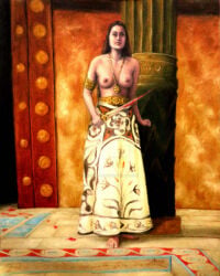 black_hair blood blood_on_weapon breasts breasts_out clytemnestra dominant_female greek_mythology jewelry loincloth_only mature mature_female natural_breasts nipples orestia palace sword the_epic_cycle