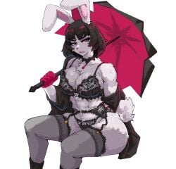 1girls anthro anthro_female anthrofied big_breasts black_hair black_lingerie blush blush_lines blushing breasts bunny_ears bunny_girl bunny_tail deadlock female furry furry_female gloves hair lingerie littleteze mina_ha parasol red_eyes red_gloves stockings umbrella valve