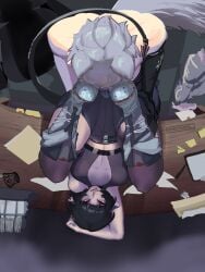 before_sex cat_ears catboy clothed_female_nude_male desk jane_doe_(zenless_zone_zero) legs_up mrcinder nude_male provocative_pose rat_ears rat_girl rat_tail seth_lowell smile white_hair zenless_zone_zero