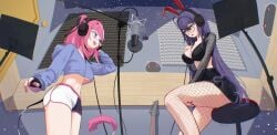 2girls absurdres akuma_nihmune besi_(besidoesart) breasts camila_(vtuber) commentary crop_top facial_mark female fingerless_gloves fishnet_pantyhose fishnets gloves hair_ornament headphones heart heart_facial_mark highres indie_virtual_youtuber large_breasts long_hair medium_breasts microphone mole mole_under_eye multicolored_hair multiple_girls navel open_mouth pantyhose pink_hair pleated_skirt pop_filter purple_eyes purple_hair recording_audio recording_studio red_eyes see-through_clothes see-through_sleeves shorts sitting skirt standing star_(symbol) star_hair_ornament streaked_hair studio_microphone tail tits triangle triangle_facial_mark two_side_up untranslatable_commentary virtual_youtuber vtuber