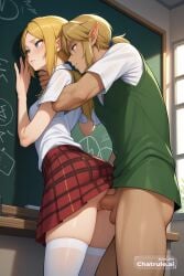 1girl against_wall ai_assisted ai_generated chalkboard checkered_skirt doggy_style doggy_style_sex dripping_pussy facing_forward forced from_behind gravity_rush hand_on_back hand_on_neck head_turned kat_(gravity_rush) looking_away looking_away_from_viewer looking_forward midriff navel no_panties petite_girl plaid_skirt source_anime