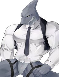 accessory animal_genitalia anthro black_sclera bottomless chung0_0 clothed clothing dorsal_fin dress_shirt fin fish garter garter_straps genital_slit genitals gills grey_body hi_res male marine muscular muscular_anthro muscular_male necktie pecs shark shirt simple_background slit solo topwear white_background white_clothing white_shirt white_topwear yellow_eyes