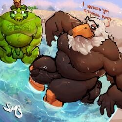 2026 accipitrid accipitriform angry_birds anthro avian balls beak beard big_balls big_penis bird bodily_fluids body_hair brown_body caught chest_hair crown domestic_pig duo eagle embarrassed english_text erection eyebrows facial_hair genital_fluids genitals glans green_body hairy headgear hi_res king_leonard_mudbeard male mammal mighty_eagle nipples nude overweight overweight_male penis precum rovio_entertainment sauna sega sitting smbrick suid suine sus_(pig) text the_angry_birds_movie throbbing vein veiny_penis water