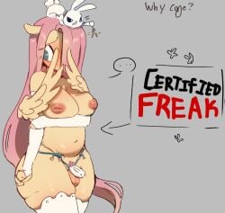 angel_(mlp) anthro areola armwear balls blush breasts chastity_cage chastity_device clothing crossgender duo elbow_gloves ellipsis english_text equid equine fluttershy_(mlp) friendship_is_magic ftg_crossgender fti_crossgender genitals gloves gynomorph hair handwear hasbro intersex key lagomorph legwear leporid male mammal my_little_pony mythological_creature mythological_equine mythology nipples not_today_satan pegasus pink_hair rabbit stockings text wings