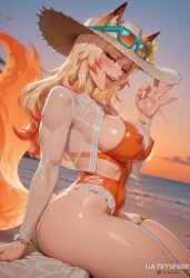 1girl ai_generated ami_han animal_ear_fluff animal_ears artist_name beach blonde_hair bracelet breasts covered_nipples ears_through_headwear eyewear_on_head fellatio_gesture fox_ears fox_girl fox_tail futarush gradient_hair hat hat_flower jewelry large_breasts long_hair looking_at_viewer marvel marvel_rivals multicolored_hair ocean one-piece_swimsuit open_mouth orange_eyes orange_hair outdoors patreon patreon_logo patreon_username saliva see-through sideboob sitting solo straw_hat sultryspark sun_hat sunglasses sunset swimsuit tail thigh_strap thighs tongue tongue_out white_fox_(marvel) white_fox_(marvel_rivals)