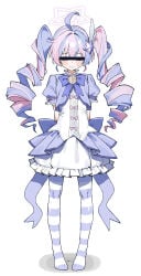 1girl ahoge arms_behind_back blue_archive blue_hair blush bow censored censored_identity commentary drill_hair grin halo highres jacket kaminari_(edeath) long_hair multicolored_hair pantyhose pink_hair pink_halo purple_bow purple_jacket purple_pantyhose purple_skirt pussy_juice reisa_(blue_archive) shirt short_sleeves skirt smile solo striped_clothes striped_pantyhose sweatdrop twin_drills two-tone_hair very_long_hair white_shirt white_skirt
