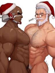 2boys abs absurdres ass bald bara beard big_pecs blind blue_eyes blush blushing body_hair chest_hair completely_nude cowboy_shot dark-skinned_male dark_skin facial_hair flaccid from_side gay glasses groin hairy hairy_chest hat highres huge_pecs human human_only interracial large_pectorals light-skinned_male male male_chest male_focus male_nipples male_only male_pubic_hair mature mature_male mike_tyson moustache multiple_boys multiple_penises muscle muscles muscular muscular_male navel navel_hair nipples nude nude_male old old_man pectoral_docking pectoral_press penis penises_touching pubic_hair round_eyewear santa_hat scar scar_across_eye sean_leddy_(barbara_chilton) short_hair sideburns simple_background stomach thick_thighs thighs topless white_background white_hair white_pubic_hair