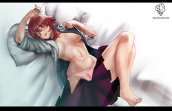 bed blush breasts crovoic feet looking_at_viewer panties red_eyes red_hair saiko-chan saiko_no_sutoka shirt skirt