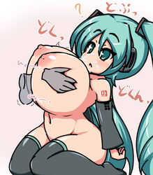 1boy 1girls big_breasts blue_eyes blue_hair breasts chibi completely_nude cum cum_inside cum_on_breasts curvaceous ejaculation ejaculation_between_breasts hatsune_miku huge_breasts large_breasts long_hair moyashi_udon nude penis sex thick_thighs thighhighs twintails very_long_hair vocaloid