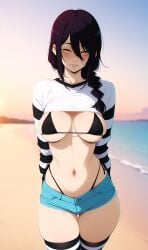 ai_generated beach big_breasts black_hair chainsaw_man crop_top large_breasts lxlbanner mature_female nayuta_(chainsaw_man) standing yellow_eyes