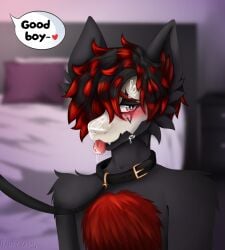 anthro blush bodily_fluids bust_portrait collar cum cum_drip cum_in_mouth cum_inside cum_on_face dragon dripping english_text fahrchasm flustered fur furred_dragon furred_scalie genital_fluids good_boy hi_res hybrid leash leashed_collar looking_at_viewer male male/male mythological_creature mythological_scalie mythology nardoragon portrait razzie_r scalie solo text