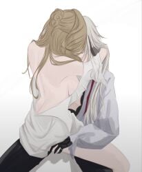 2girls arlecchino_(genshin_impact) back backboob backless_dress backless_outfit blonde_hair breasts breasts_visible_from_back female/female genshin_impact hair_bun lesbians long_hair sideboob signora_(genshin_impact) sitting sitting_on_lap white_hair yuri