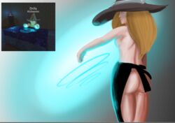 1girls alchemist apron arcane_odyssey artist_request ass back black_apron blonde_hair blue_eyes drifa female female_only hat long_hair looking_away mostly_nude naked_apron pale-skinned_female pale_skin roblox roblox_game robloxian sideboob small_breasts solo solo_female thighs witch_hat world_of_magic