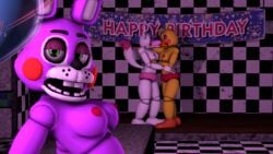 3d 4k absurd_res balloons blue_balloon breasts bunny bunny_ears checkered_floor checkered_wall chick chicken confetti disboi215 female_fox five_nights_at_freddy's green_eyes happy_birthday_sign highres kissing mangle_(fnaf) pink_nipples pink_panties purple_body purple_breasts purple_fur rabbit rabbit_humanoid red_nipples red_panties source_filmmaker table tail toy_bonnet_(fnaf) toy_chica_(fnaf) white_body white_breasts white_fur wooden_floor yellow_body yellow_breasts yuri