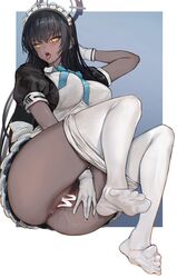 absurdres apron blue_archive blue_neckwear censored cleaning_&_clearing_(blue_archive) dark-skinned_female dark_skin feet female gloves highres karin_(blue_archive) maid maid_headdress millennium_science_school_logo_(blue_archive) millennium_science_school_student no_panties open_mouth pantyhose peeing puffy_short_sleeves puffy_sleeves pussy short_sleeves soles toes westking white_apron white_gloves white_legwear yellow_eyes