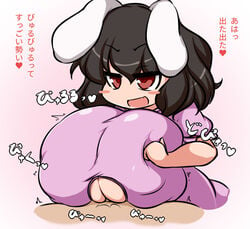 1boy 1girls big_breasts black_hair breasts bunny_ears clothed_paizuri clothed_sex heart huge_breasts japanese_text large_breasts moyashi_udon outercourse paizuri red_eyes sex short_hair spoken_heart tewi_inaba touhou