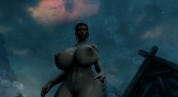 3d abs big_areola curvy dark_elf dunmer elf_ears facial_mark female female_warrior grey_skin huge_breasts looking_down mod muscular_female night nipples nude outdoor pointy_ears red_eyes screencap skyrim the_elder_scrolls thick_thighs