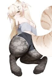 1girl absurd_res animal_ears ass blush breasts camisole cweamcat_(vtuber) emirisu feet highres indie_virtual_youtuber lace legs looking_at_viewer looking_back pantyhose soles solo tail thighs toes tsurime virtual_youtuber white_shirt yellow_eyes